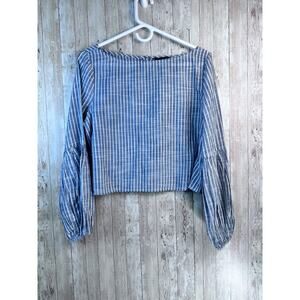 American Eagle Cropped Top Womens M Navy White Stripes Half Puff Long Sleeve‎